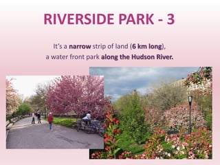 RIVERSIDE PARK - 3
  It’s a narrow strip of land (6 km long),
a water front park along the Hudson River.
 