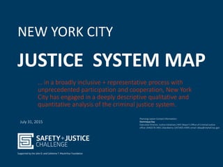 … in a broadly inclusive + representative process with
unprecedented participation and cooperation, New York
City has engaged in a deeply descriptive qualitative and
quantitative analysis of the criminal justice system.
NEW YORK CITY
JUSTICE SYSTEM MAP
July 31, 2015
Planning Liaison Contact Information:
Dominique Day
Executive Director, Justice Initiatives ǀ NYC Mayor’s Office of Criminal Justice
office: (646)576-3491 ǀ blackberry: (347)405-4399 ǀ email: dday@cityhall.nyc.gov
 
