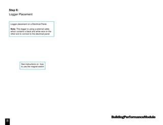 BuildingPerformanceModule
8
Logger placement on a Electrical Panel.
Note: This logger is using a external cable
which contains a black and white wire on the
other end to connect to the electrical panel.
See instructions on how
to use the magnet switch
Step 6:
Logger Placement
 