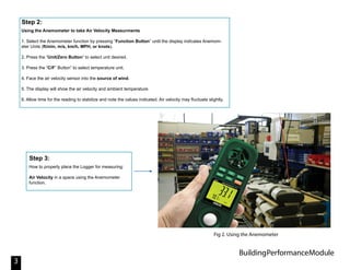 BuildingPerformanceModule
3
Using the Anemometer to take Air Velocity Measurments
1. Select the Anemometer function by pressing “Function Button” until the display indicates Anemom-
eter Units (ft/min, m/s, km/h, MPH, or knots).
2. Press the “Unit/Zero Button” to select unit desired.
3. Press the “C/F” Button” to select temperature unit.
4. Face the air velocity sensor into the source of wind.
5. The display will show the air velocity and ambient temperature.
6. Allow time for the reading to stabilize and note the values indicated. Air velocity may fluctuate slightly.
Step 2:
How to properly place the Logger for measuring:
Air Velocity in a space using the Anemometer
function.
Step 3:
Fig 2. Using the Anemometer
 