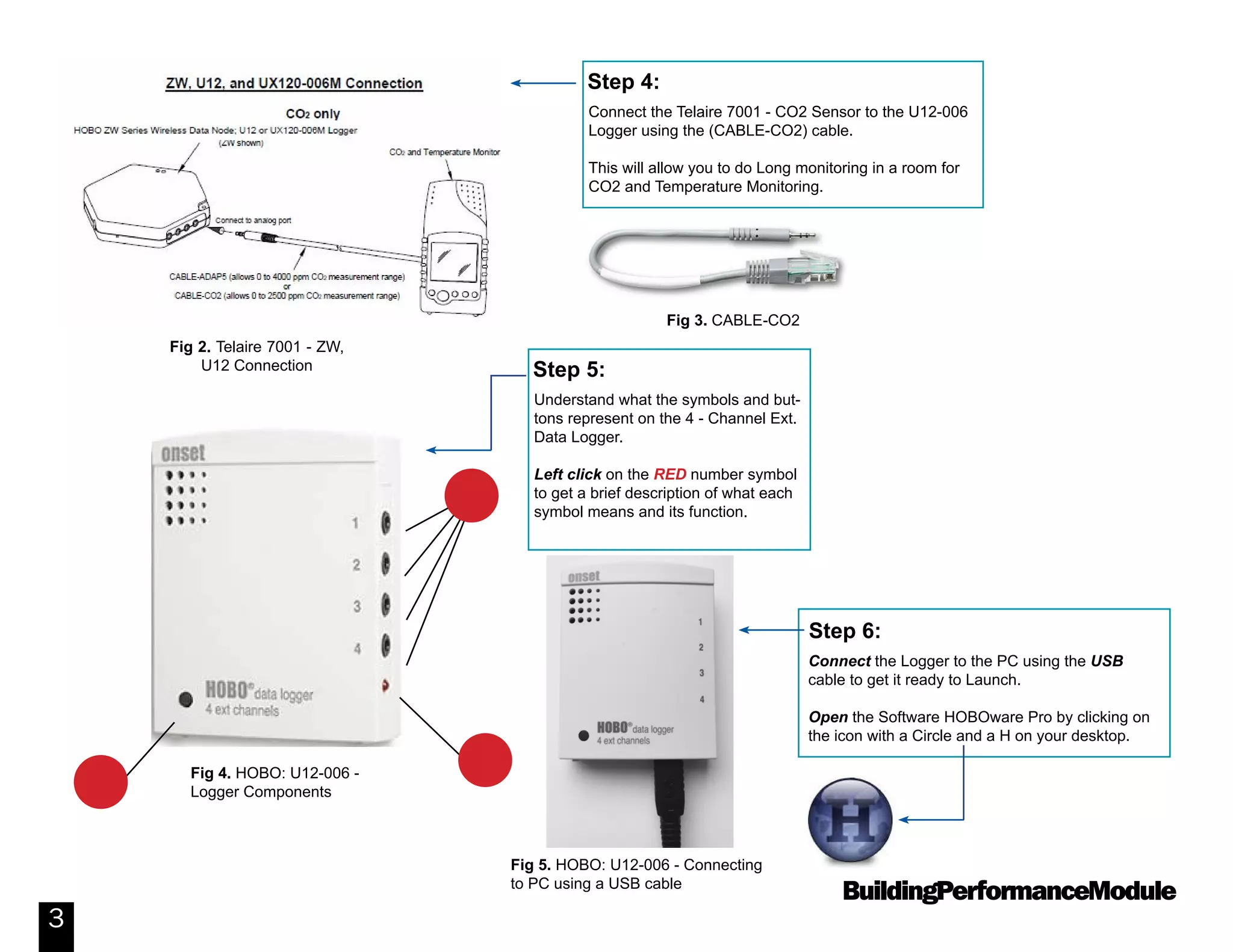 BuildingPerformanceModule
3
Understand what the symbols and but-
tons represent on the 4 - Channel Ext.
Data Logger.
Left click on the RED number symbol
to get a brief description of what each
symbol means and its function.
Step 5:
Connect the Logger to the PC using the USB
cable to get it ready to Launch.
Open the Software HOBOware Pro by clicking on
the icon with a Circle and a H on your desktop.
Step 6:
Fig 4. HOBO: U12-006 - 	
Logger Components
Fig 5. HOBO: U12-006 - Connecting
to PC using a USB cable
Connect the Telaire 7001 - CO2 Sensor to the U12-006
Logger using the (CABLE-CO2) cable.
This will allow you to do Long monitoring in a room for
CO2 and Temperature Monitoring.
Step 4:
Fig 2. Telaire 7001 - ZW,
U12 Connection
Fig 3. CABLE-CO2
1
2
3
 