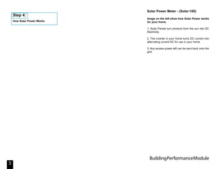 BuildingPerformanceModule
5
How Solar Power Works
Step 4:
Solar Power Meter - (Solar-100)
Image on the left show how Solar Power works
for your home.
1. Solar Panels turn photons from the sun into DC
Electricity.
2. The inverter in your home turns DC current into
alternating current AC for use in your home.
3. Any excess power left can be sent back onto the
grid.
 