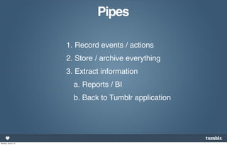 Pipes

                      1. Record events / actions
                      2. Store / archive everything
                      3. Extract information
                        a. Reports / BI
                        b. Back to Tumblr application




Monday, April 8, 13
 