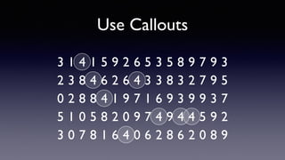 Use Callouts
1 9 543 1 5 2 6 5 3 8 9 7 9 3
3 2 882 4 6 6 4 3 3 3 2 7 9 5
2 1 980 8 4 9 7 1 6 3 9 9 3 7
1 2 905 5 8 0 9 7 4 4 4 5 9 2
0 6 873 8 1 4 0 6 2 6 2 0 8 9
 