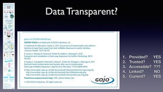 Data Transparent?
1. Provided?
2. Trusted?
3. Accessible?
4. Linked?
5. Current?
YES
YES
???
NO
YES
 