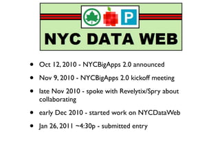 How it Started

•   Oct 12, 2010 - NYCBigApps 2.0 announced

•   Nov 9, 2010 - NYCBigApps 2.0 kickoff meeting

•   late Nov 2010 - spoke with Revelytix/Spry about
    collaborating

•   early Dec 2010 - started work on NYCDataWeb

•   Jan 26, 2011 ~4:30p - submitted entry
 