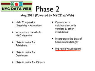 Phase 2
         Aug 2011 (Powered by NYCDataWeb)

•   Hide Complexity               •   Open-source
    (Simplicity = Adoption)           collaboration with
                                      vendors & other
•   Incorporate the whole             institutions
    NYC datamine
                                  •   Incorporate the best of
•   Make it easier for                Socrata and data.gov
    Publishers
                                  •   Improved Visualizations
•   Make it easier for
    Developers

•   Make it easier for Citizens
 