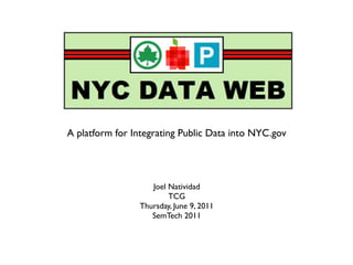 NYC DataWeb
                A platform for Integrating Public Data into NYC.gov




                                     Joel Natividad
Click here for narrated version           TCG
                                  Thursday, June 9, 2011
                                     SemTech 2011
 