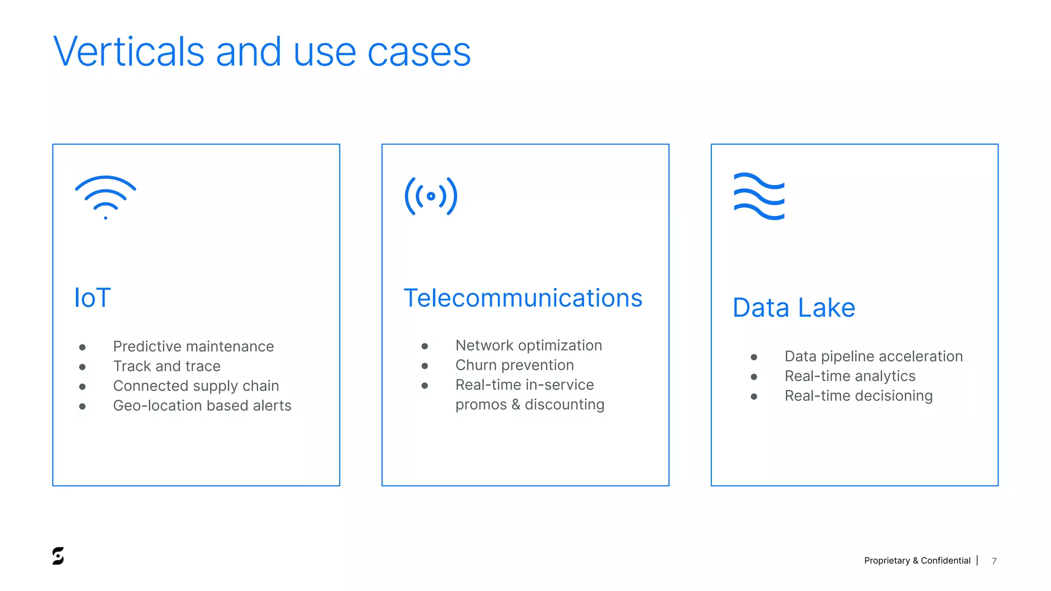 Proprietary & Confidential |
IoT
● Predictive maintenance
● Track and trace
● Connected supply chain
● Geo-location based alerts
Telecommunications
● Network optimization
● Churn prevention
● Real-time in-service
promos & discounting
Data Lake
● Data pipeline acceleration
● Real-time analytics
● Real-time decisioning
Verticals and use cases
7
 