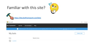 https://dev.botframework.com/bots
Familiar with this site?
 