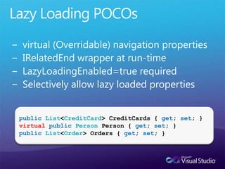 Lazy Loading POCOsvirtual (Overridable) navigation properties IRelatedEnd wrapper at run-timeLazyLoadingEnabled=true requiredSelectively allow lazy loaded propertiespublicList<CreditCard>CreditCards {get; set; }virtualpublicPersonPerson {get;set; }publicList<Order> Orders { get;set; }