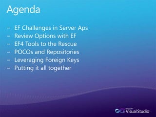 EF POCO SummaryPOCO support is new to EF4Alternative to EntityObjectsSimple snapshot POCOs or use proxiesUse or even customize T4 template for code generationEnable many coding/architectural possibilitiesNYC Entity Framework Firestarter, Sept 27th 2010