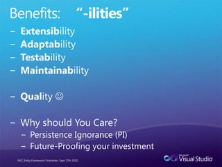  Part 6:Writing Testable/Maintainable Apps with EFEF NYC FirestarterSteve Bohlenunhandled-exceptions.com/blogtwitter @sbohlenJulie Lermanthedatafarm.com/blogtwitter @julielerman
