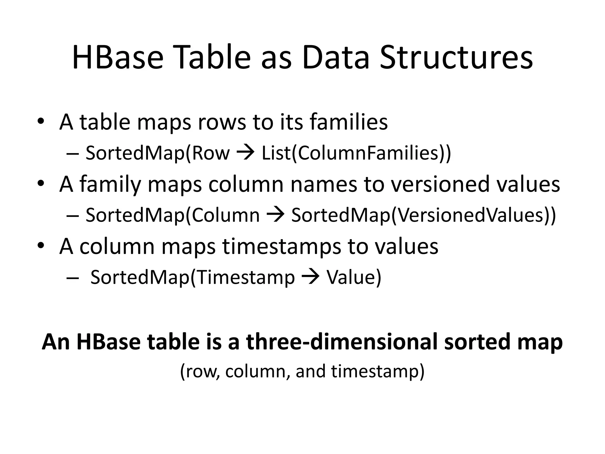 HBase Table as Data Structures
• A table maps rows to its families
   – SortedMap(Row  List(ColumnFamilies))
• A family maps column names to versioned values
   – SortedMap(Column  SortedMap(VersionedValues))
• A column maps timestamps to values
   – SortedMap(Timestamp  Value)

An HBase table is a three-dimensional sorted map
              (row, column, and timestamp)
 