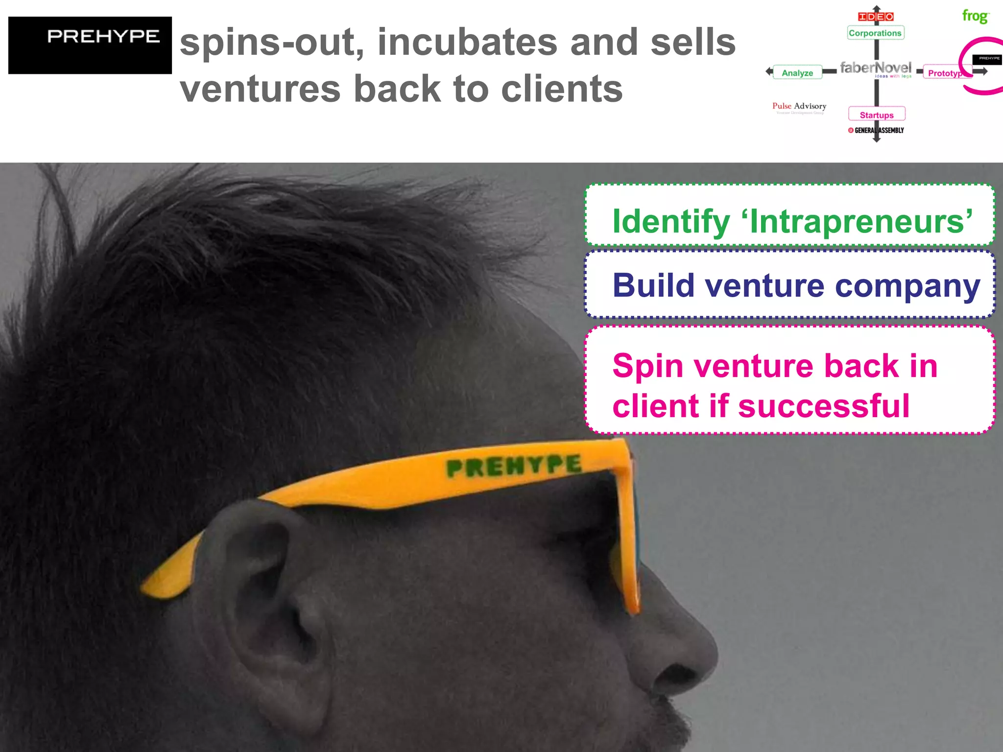 spins-out, incubates and sells
ventures back to clients


                       Identify ‘Intrapreneurs’
                       Build venture company

                       Spin venture back in
                       client if successful
 