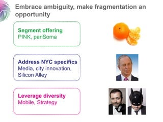 Embrace ambiguity, make fragmentation an
opportunity

Segment offering
PINK, pariSoma



Address NYC specifics
Media, city innovation,
Silicon Alley


Leverage diversity
Mobile, Strategy
 