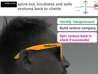 spins-out, incubates and sells
ventures back to clients


                       Identify ‘Intrapreneurs’
                       Build venture company

                       Spin venture back in
                       client if successful
 