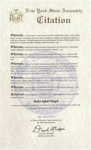 New York State Assembly Awards Citation to Baba Iqbal Singh ji, Baru Sahib