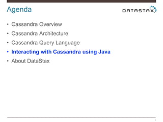 Agenda
2
• Cassandra Overview
• Cassandra Architecture
• Cassandra Query Language
• Interacting with Cassandra using Java
• About DataStax
 