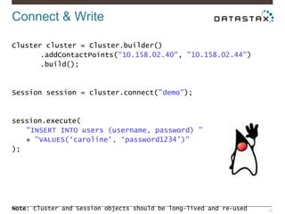 Connect & Write
22
Cluster cluster = Cluster.builder()
.addContactPoints("10.158.02.40", "10.158.02.44")
.build();
Session session = cluster.connect("demo");
session.execute(
"INSERT INTO users (username, password) ”
+ "VALUES(‘caroline’, ‘password1234’)"
);
Note: Cluster and Session objects should be long-lived and re-used
 