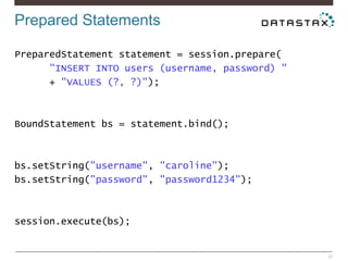 Prepared Statements
27
PreparedStatement statement = session.prepare(
"INSERT INTO users (username, password) "
+ "VALUES (?, ?)");
BoundStatement bs = statement.bind();
bs.setString("username", "caroline");
bs.setString("password", "password1234");
session.execute(bs);
 