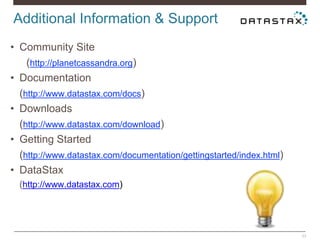 Additional Information & Support
33
• Community Site
(http://planetcassandra.org)
• Documentation
(http://www.datastax.com/docs)
• Downloads
(http://www.datastax.com/download)
• Getting Started
(http://www.datastax.com/documentation/gettingstarted/index.html)
• DataStax
(http://www.datastax.com)
 