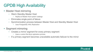 14© 2015 Pivotal Software, Inc. All rights reserved.
GPDB High Availability
 Master Host mirroring
– Warm Standby Master Host
▪ Replica of Master Host system catalogs
– Eliminates single point of failure
– Synchronization process between Master Host and Standby Master Host
▪ Uses PostgreSQL WAL Replication
 Segment mirroring
– Creates a mirror segment for every primary segment
▪ Uses a custom file block replication process
– If a primary segment becomes unavailable automatic failover to the mirror
 