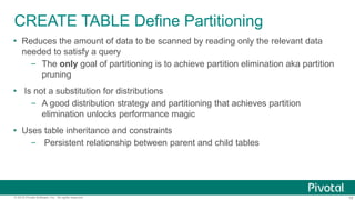 19© 2015 Pivotal Software, Inc. All rights reserved.
CREATE TABLE Define Partitioning
 Reduces the amount of data to be scanned by reading only the relevant data
needed to satisfy a query
– The only goal of partitioning is to achieve partition elimination aka partition
pruning
 Is not a substitution for distributions
– A good distribution strategy and partitioning that achieves partition
elimination unlocks performance magic
 Uses table inheritance and constraints
– Persistent relationship between parent and child tables
 