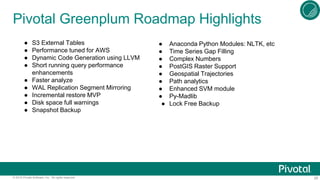 26© 2015 Pivotal Software, Inc. All rights reserved.
Pivotal Greenplum Roadmap Highlights
● S3 External Tables
● Performance tuned for AWS
● Dynamic Code Generation using LLVM
● Short running query performance
enhancements
● Faster analyze
● WAL Replication Segment Mirroring
● Incremental restore MVP
● Disk space full warnings
● Snapshot Backup
● Anaconda Python Modules: NLTK, etc
● Time Series Gap Filling
● Complex Numbers
● PostGIS Raster Support
● Geospatial Trajectories
● Path analytics
● Enhanced SVM module
● Py-Madlib
● Lock Free Backup
 