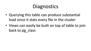 Diagnostics
• Querying this table can produce substantial
load since it stats every file in the cluster
• Views can easily be built on top of table to join
back to pg_class
 