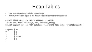 Heap Tables
• One data file per heap table for tuple storage
• Minimum file size is equal to the default blocksize defined for the database
CREATE TABLE test1 (a INT, b VARCHAR, c DATE);
INSERT INTO test1 VALUES(1, ‘a’, current_date);
SELECT segment_id, sz FROM database_file WHERE file like ‘<relfilenode>%’;
segment | sz
0 | 0
1 | 0
2 | 32768
3 | 0
 