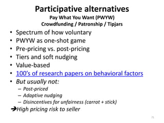 Participative alternatives
Pay What You Want (PWYW)
Crowdfunding / Patronship / Tipjars
• Spectrum of how voluntary
• PWYW...