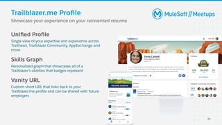 Uniﬁed Proﬁle
Single view of your expertise and experience across
Trailhead, Trailblazer Community, AppExchange and
more
S...
