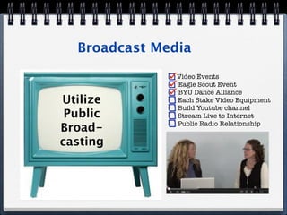 Broadcast Media
               Video Events
               Eagle Scout Event
               BYU Dance Alliance
Utilize        Each Stake Video Equipment
               Build Youtube channel
 Public        Stream Live to Internet
               Public Radio Relationship
Broad-
casting
 