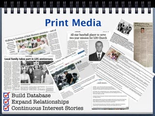 Print Media




Build Database
Expand Relationships
Continuous Interest Stories
 