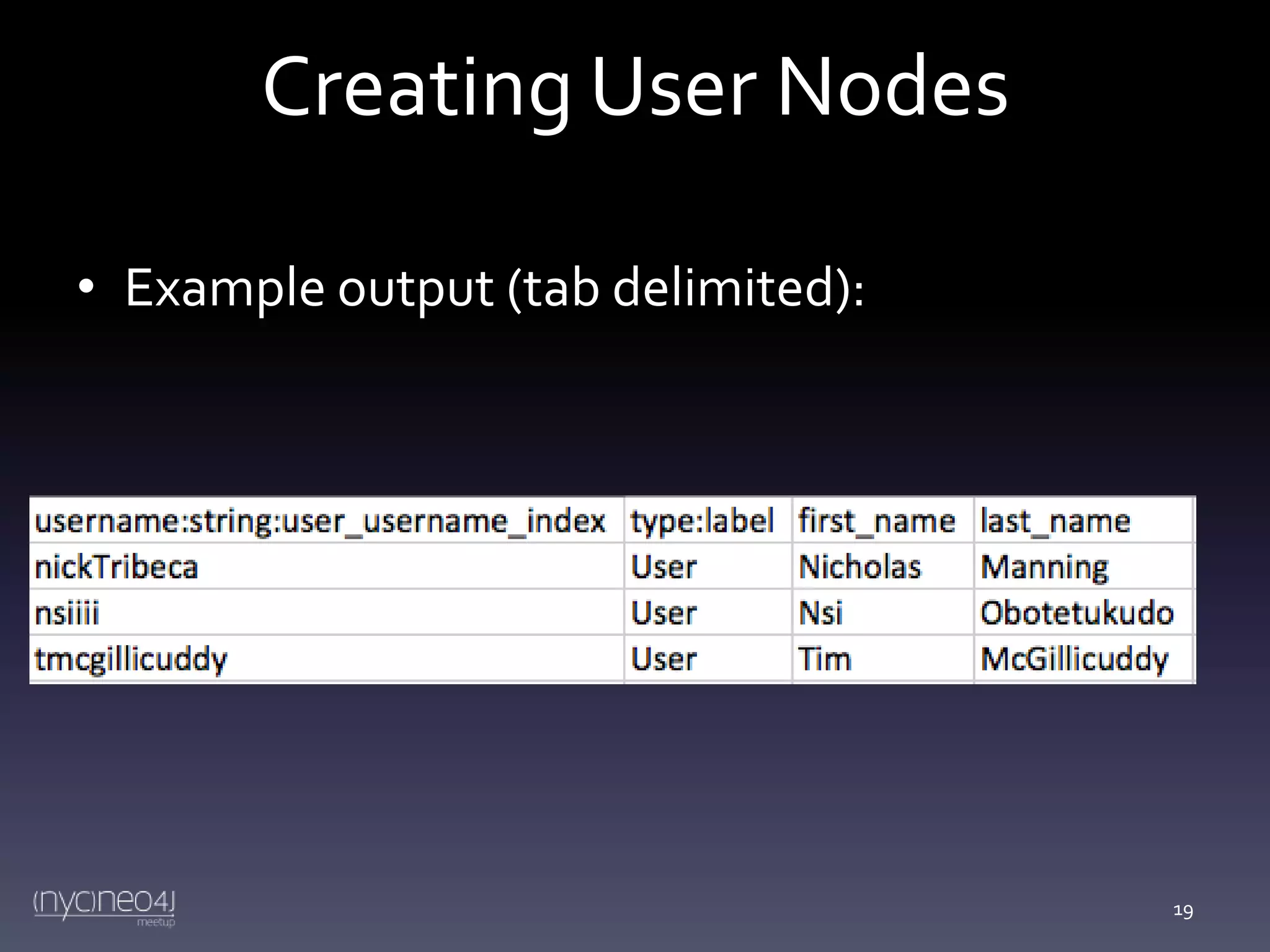 Creating User Nodes
• Example output (tab delimited):

19

 