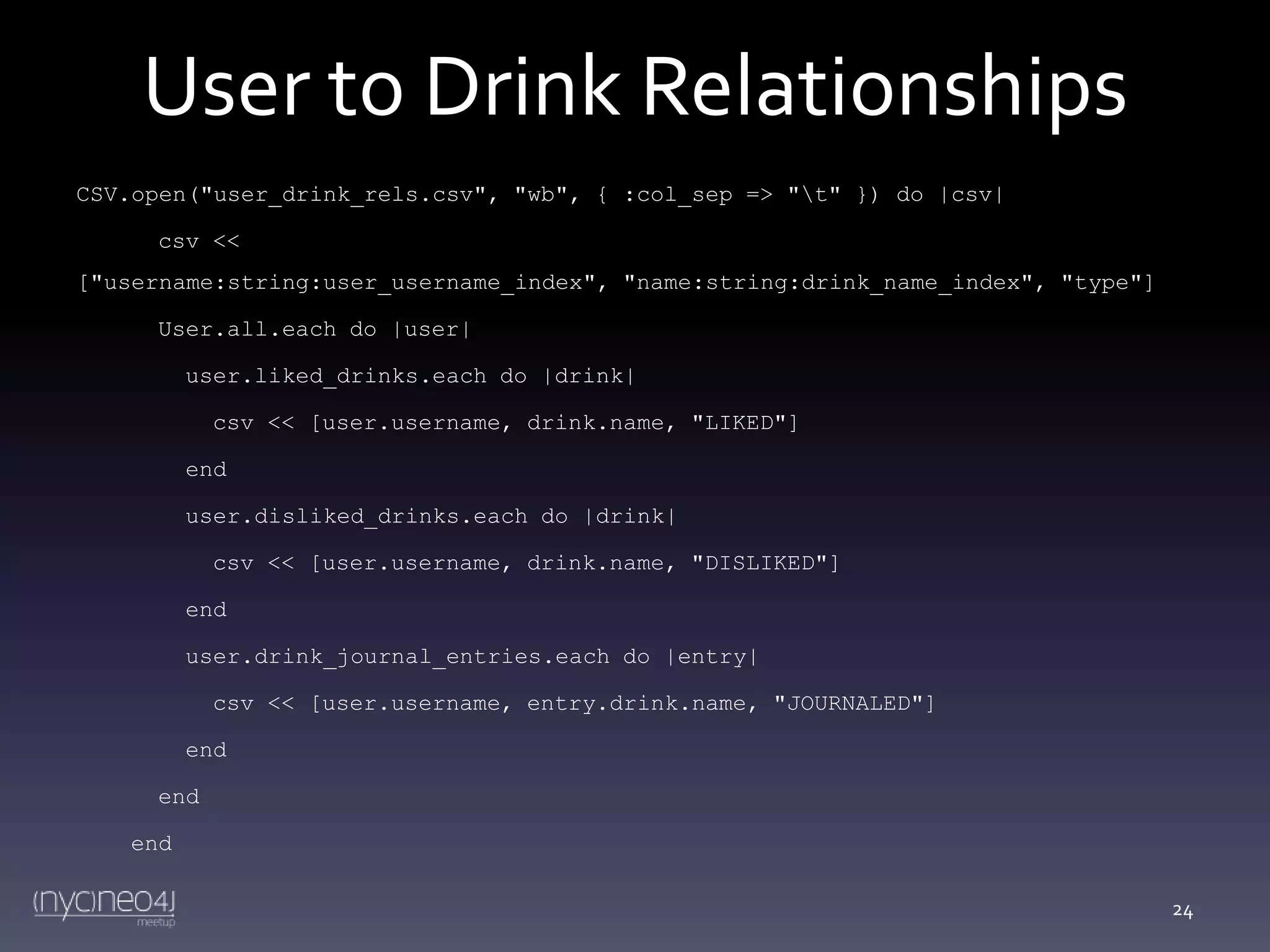 User to Drink Relationships
CSV.open("user_drink_rels.csv", "wb", { :col_sep => "t" }) do |csv|
csv <<
["username:string:user_username_index", "name:string:drink_name_index", "type"]
User.all.each do |user|
user.liked_drinks.each do |drink|

csv << [user.username, drink.name, "LIKED"]
end
user.disliked_drinks.each do |drink|
csv << [user.username, drink.name, "DISLIKED"]
end
user.drink_journal_entries.each do |entry|
csv << [user.username, entry.drink.name, "JOURNALED"]
end
end
end
24

 