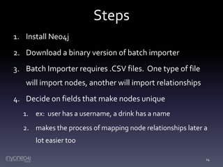 Steps
1. Install Neo4j
2. Download a binary version of batch importer
3. Batch Importer requires .CSV files. One type of file
will import nodes, another will import relationships

4. Decide on fields that make nodes unique
1. ex: user has a username, a drink has a name
2. makes the process of mapping node relationships later a
lot easier too
14

 
