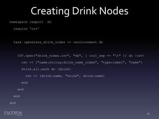 Creating Drink Nodes
namespace :export

do

require 'csv'

task :generate_drink_nodes => :environment do

CSV.open("drink_nodes.csv", "wb", { :col_sep => "t" }) do |csv|
csv << ["name:string:drink_name_index", "type:label", "name"]
Drink.all.each do |drink|

csv << [drink.name, "Drink", drink.name]
end
end
end

end
17

 