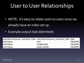 User to User Relationships
• NOTE: it’s easy to relate users to users since we
already have an index set up.
• Example output (tab delimited):

21

 