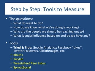 Step by Step: Tools to Measure
• The questions:
  –   What do want to do?
  –   How do we know what we’re doing is working?
  –   Who are the people we should be reaching out to?
  –   What is social influence based on and do we have any?

• Tools
  – Tried & True: Google Analytics; Facebook “Likes”,
    Twitter Followers, Clickthroughs, etc.
  – Klout’s
  – Twylah
  – TwentyFeet Peer Index
  – SproutSocial
 