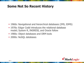 Slide 3
Some Not So Recent History
 1960s: Navigational and hierarchical databases (IMS, IDMS)
 1970s: Edgar Codd introduces the relational database
model; System R, INGRESS, and Oracle follow
 1980s: Object databases and ORM tools
 2000s: NoSQL databases
 