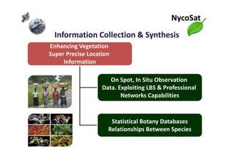 Information Collection & Synthesis
Enhancing Vegetation
Super Precise Location
Information
On Spot, In Situ Observation
NycoSat
On Spot, In Situ Observation
Data. Exploiting LBS & Professional
Networks Capabilities
Statistical Botany Databases
Relationships Between Species
 