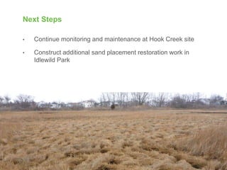 Next Steps
• Continue monitoring and maintenance at Hook Creek site
• Construct additional sand placement restoration work in
Idlewild Park
19
 