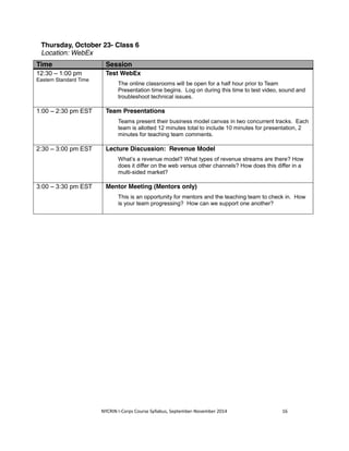 Thursday, October 23- Class 6 
Location: WebEx 
Time Session 
12:30 – 1:00 pm 
Eastern Standard Time 
Test WebEx 
The online classrooms will be open for a half hour prior to Team 
Presentation time begins. Log on during this time to test video, sound and 
troubleshoot technical issues. 
1:00 – 2:30 pm EST Team Presentations 
Teams present their business model canvas in two concurrent tracks. Each 
team is allotted 12 minutes total to include 10 minutes for presentation, 2 
minutes for teaching team comments. 
2:30 – 3:00 pm EST Lecture Discussion: Revenue Model 
What’s a revenue model? What types of revenue streams are there? How 
does it differ on the web versus other channels? How does this differ in a 
multi-sided market? 
3:00 – 3:30 pm EST Mentor Meeting (Mentors only) 
This is an opportunity for mentors and the teaching team to check in. How 
is your team progressing? How can we support one another? 
NYCRIN I-Corps Course Syllabus, September-November 2014 16 
 