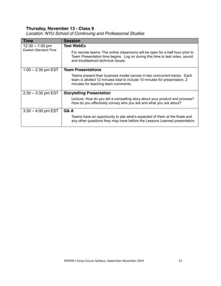 Thursday, November 13 - Class 9 
Location: NYU School of Continuing and Professional Studies 
Time Session 
12:30 – 1:00 pm 
Test WebEx 
Eastern Standard Time 
For remote teams: The online classrooms will be open for a half hour prior to 
Team Presentation time begins. Log on during this time to test video, sound 
and troubleshoot technical issues. 
1:00 – 2:30 pm EST Team Presentations 
Teams present their business model canvas in two concurrent tracks. Each 
team is allotted 12 minutes total to include 10 minutes for presentation, 2 
minutes for teaching team comments. 
2:30 – 3:30 pm EST Storytelling Presentation 
Lecture: How do you tell a compelling story about your product and process? 
How do you effectively convey who you are and what you are about? 
3:30 – 4:00 pm EST Q& A 
Teams have an opportunity to ask what’s expected of them at the finale and 
any other questions they may have before the Lessons Learned presentation. 
NYCRIN I-Corps Course Syllabus, September-November 2014 22 
 