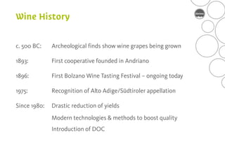c. 500 BC:    Archeological finds show wine grapes being grown

1893:         First cooperative founded in Andriano

1896:         First Bolzano Wine Tasting Festival – ongoing today

1975:         Recognition of Alto Adige/Südtiroler appellation

Since 1980:   Drastic reduction of yields
              Modern technologies & methods to boost quality
              Introduction of DOC
 