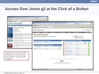 Access Dow Jones g2 at the Click of a Button Single click access to trusted information in context to the news article in seconds with no typing 