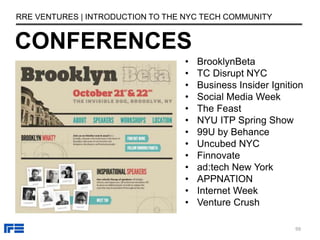CONFERENCES
RRE VENTURES | INTRODUCTION TO THE NYC TECH COMMUNITY
• BrooklynBeta
• TC Disrupt NYC
• Business Insider Ignition
• Social Media Week
• The Feast
• NYU ITP Spring Show
• 99U by Behance
• Uncubed NYC
• Finnovate
• ad:tech New York
• APPNATION
• Internet Week
• Venture Crush
99
 
