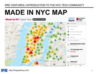 MADE IN NYC MAP
RRE VENTURES | INTRODUCTION TO THE NYC TECH COMMUNITY
http://mappedinny.com/ 46
 